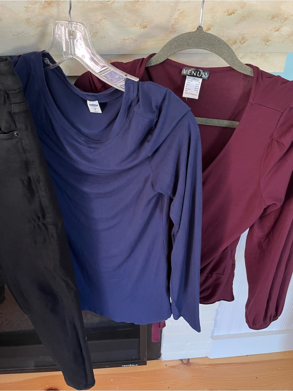 VENUS Long-Sleeve Wrap Top in Burgundy with Navy Layered Tee and lot of Clothes
